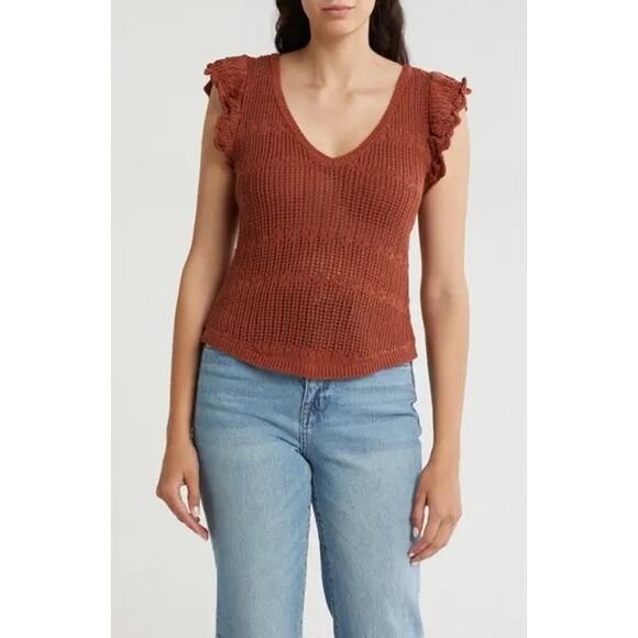 Melrose and Market Open Stitch Ruffle Sweater Size M Rust Sequoa Sheer Knitted - Picture 1 of 7